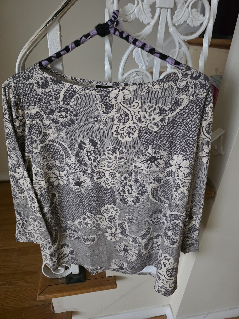 Ann Taylor Factory Gray and Cream Floral Lace-Effect Long Sleeve Top